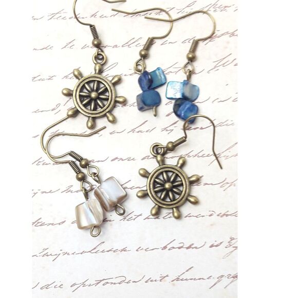 artisan earrings 213#mfs MOP shell earrings Nautical ship wheel earrings Blue or - Picture 7 of 8